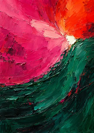 Textured abstract with an emerald sweep across fuchsia and orange fields and a bright cream-white accent.