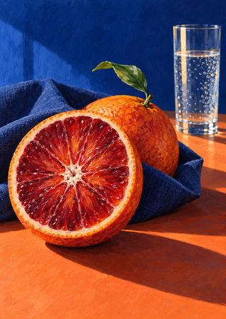 Cut blood orange and whole orange beside a glass of sparkling water on an orange tabletop against a blue background.