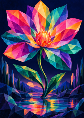 Large multicolored geometric flower above a reflective pool, with angular leaves, stylized hills, and a low sun against deep indigo.