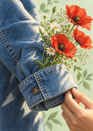 Red poppies and small white daisies rise from a rolled blue denim cuff, pinched by a hand against a pale mint background.