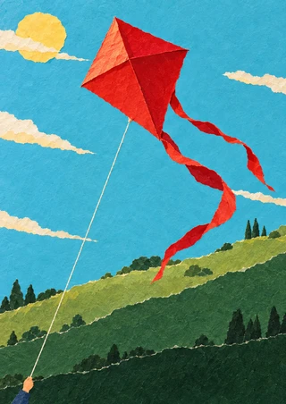A red-orange kite with two long ribbon tails flies above layered green hills under a turquoise sky with sun and clouds.