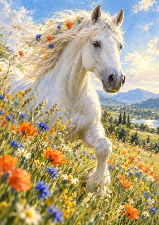White horse cantering through a wildflower meadow, with blue flowers in its flowing mane and distant hills under an open sky.