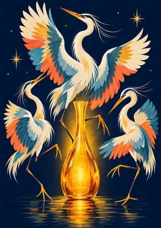 Three stylized herons with cream, coral, turquoise, and saffron details circle a glowing amber carafe against a deep navy background.