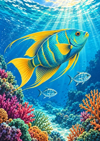 Large turquoise fish with yellow stripes and saffron fins swimming upward beneath sunbeams, followed by two smaller fish over colourful coral.