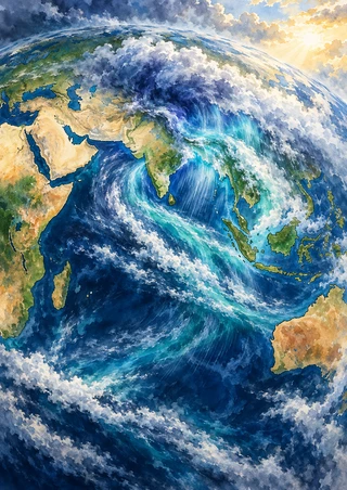 Globe-like artistic view of the Indian Ocean and surrounding continents wrapped in sweeping indigo and turquoise storm clouds, with warm light at upper right.