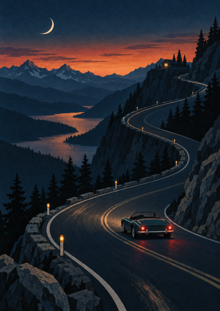 Small convertible with red taillights on a winding mountain road at dusk beneath a crescent moon, with a lake and lit cabin.