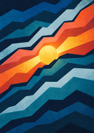 A bright golden sun-like circle at the center of stepped diagonal bands in sapphire, teal, icy blue, coral, and persimmon.