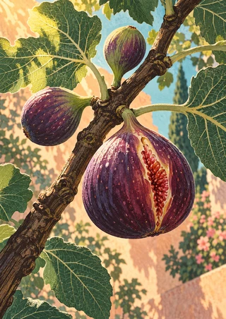 Large split purple fig with a red interior and two whole figs on a diagonal branch among broad green leaves.