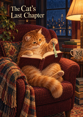 Orange tabby in an armchair looking at an open book and holding a mint-green bookmark, with a lamp and rainy window.