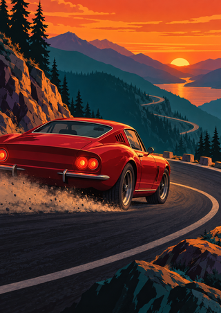 Red vintage-style coupe rounding a dark mountain road at sunset, with dust and distant water.