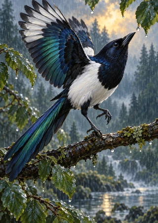 Black-and-white magpie with an iridescent blue-green tail and raised wing on a wet branch, against a rainy forest and warm golden light.