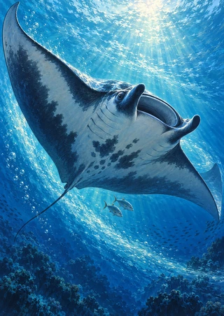 Large manta ray with spread wings gliding beneath sunbeams, with two small fish and bubbles in blue water.