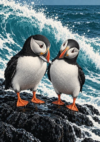 Two black-and-white puffins share a silver fish between colorful beaks on a wet dark rock before a foamy wave.
