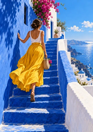 A woman in a flowing yellow skirt climbs blue stairs with a woven basket toward a sea view, framed by white buildings and fuchsia flowers.
