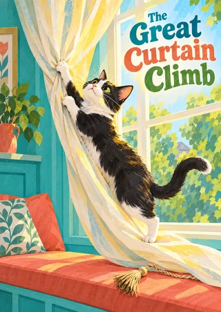 Black-and-white cat climbing a pale billowing curtain beside a bright window, above a coral-red seat with cushions and a fallen tassel.