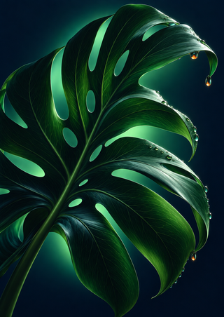 Large dark-green monstera leaf with deep splits, visible veins, and glossy orange-highlighted droplets against a midnight-navy background.