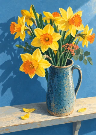 Yellow and orange daffodils with green leaves arranged in a speckled blue jug on a pale shelf, with loose petals and a blue wall shadow.
