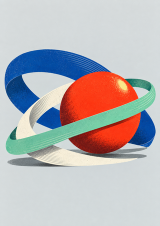 Vermilion disk surrounded by interweaving blue, mint and cream loops on a pale gray-blue background.