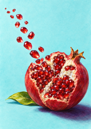 Opened crimson pomegranate with pale membrane and seeds rising in an arc on a turquoise ground beside a green leaf.