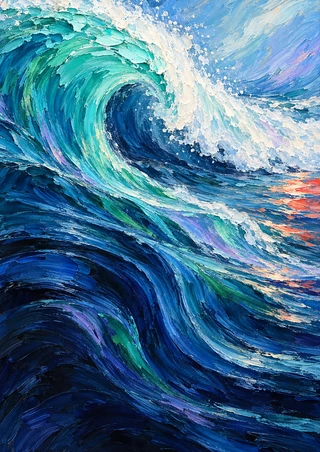 Large curling turquoise wave with a pale foamy crest above layered dark blue water and coral-orange highlights.