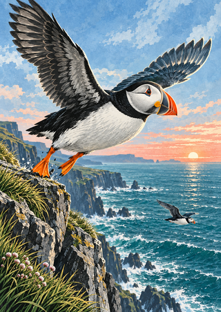 Large black-and-white puffin with extended wings flying beside a cliff above teal water, with a smaller bird in the distance.