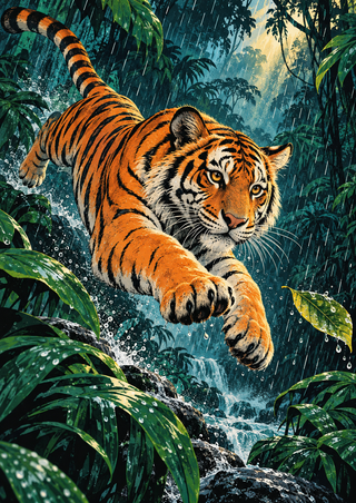 Orange-and-black tiger leaping forward through wet tropical leaves above a rocky stream, with its forepaws reaching toward the viewer.