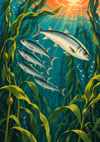 Five silver-toned fish descend diagonally among tall green kelp, bubbles and light rays in teal water with an orange glow above.
