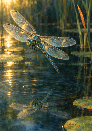Blue-green dragonfly with translucent veined wings hovering above a dark pond with ripples and a faint reflection.