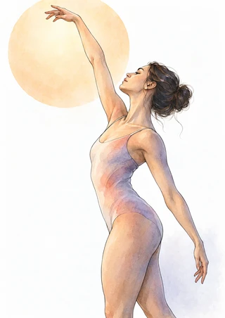 Adult woman in a dance outfit stretching one arm overhead in front of a pale apricot circle on a white background.