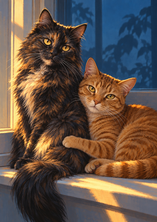 A long-haired dark tortoiseshell-like cat and an amber tabby sit close together on a sunlit windowsill before a blue window.