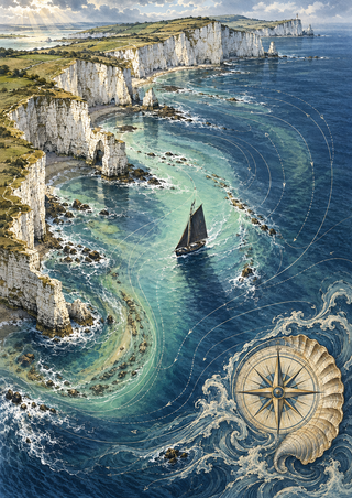A small dark-sailed cutter rounds a white-cliff coast through turquoise water, with curved current lines and a large shell-shaped compass rose.