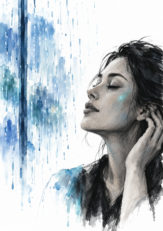 A dark-haired person with closed eyes raises a hand beside the ear amid blue rain washes.