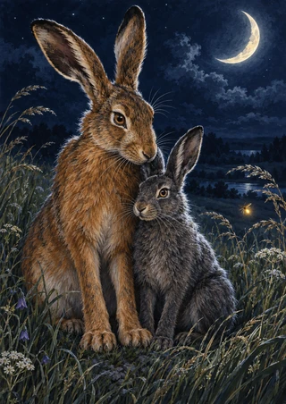 A large tawny hare leans toward a smaller charcoal-gray hare in a moonlit meadow beneath a crescent moon.