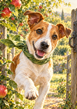 Tan-and-white terrier wearing a green scarf and reaching forward between orchard gate posts, with apples and leaves.