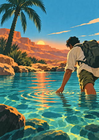 Backpacked traveler touching turquoise spring water beneath a rising sun, with a palm and sandstone cliffs nearby.