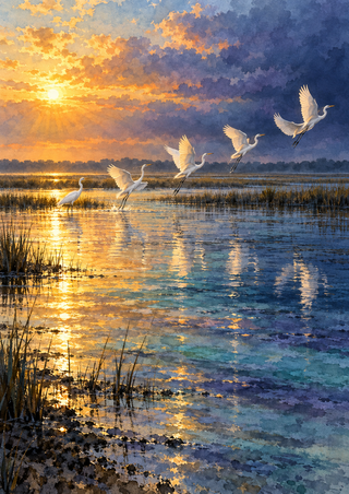 Five white egrets, one standing at the water’s edge and four rising in flight, above a reflective marsh at sunrise.