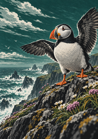 Atlantic puffin with orange beak and feet spreading its wings on a flower-speckled cliff above foaming sea.
