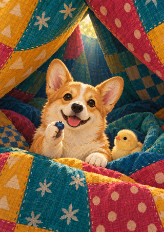 Cream-and-tan corgi holding a blue berry inside a colorful patchwork quilt tent, with a yellow chick peeking beside it.