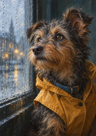 Shaggy charcoal-and-copper terrier in an ochre raincoat looking toward a rain-streaked window, with a blue collar.