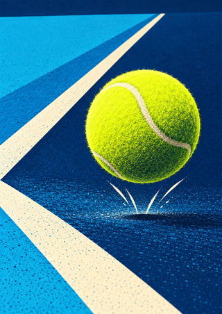 Bright chartreuse tennis ball with pale curved seams above angled navy, cyan, and ivory court bands.