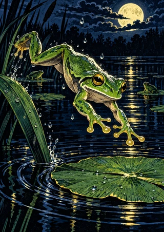 A large green frog leaps above a lily pad on a moonlit pond while two smaller frogs sit on distant leaves.