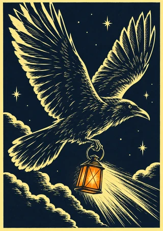 Indigo and pale-yellow graphic of a raven carrying an orange lantern beneath stars, with clouds and light rays.