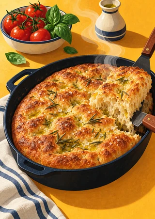 Golden focaccia with a torn-open airy crumb lifted from a dark pan, with tomatoes, basil, steam, and an oil vessel nearby.