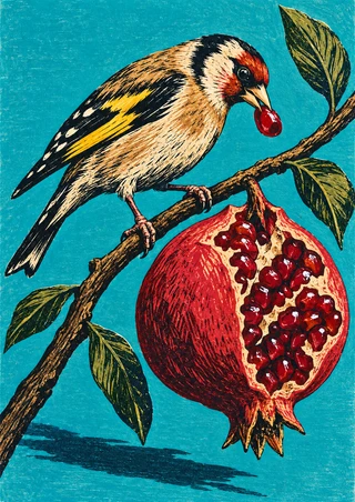 Finch-like bird holding a red seed at its beak above an opened pomegranate on a diagonal branch against turquoise.
