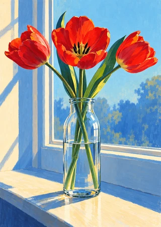 Three scarlet tulips in a clear bottle vase with crossed stems and visible waterline on a sunlit windowsill.