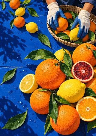 Gloved hands sort oranges and lemons into a woven basket on a vivid blue table surrounded by whole and cut citrus, leaves, and droplets.