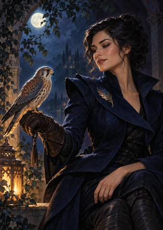 A dark-haired woman in a sculptural midnight-blue outfit faces a small falcon-like bird perched on her gloved arm beneath moonlit branches.