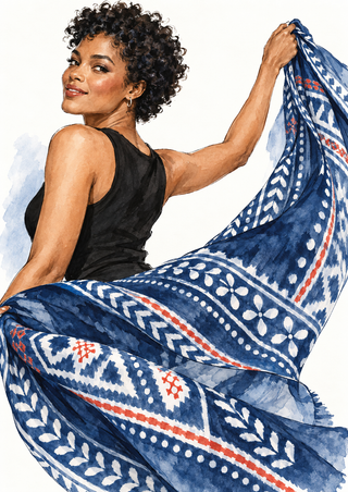 Fashion illustration of a woman with short curls turning as she lifts a patterned indigo scarf that sweeps across the foreground.