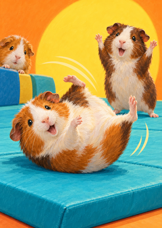 Three guinea pigs on a turquoise mat, with a ginger-and-white guinea pig tumbling in front as one companion raises its paws.
