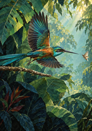 A jewel-toned long-billed bird flies toward a small moth among tropical foliage, with a branch beneath and a bright aqua clearing behind.